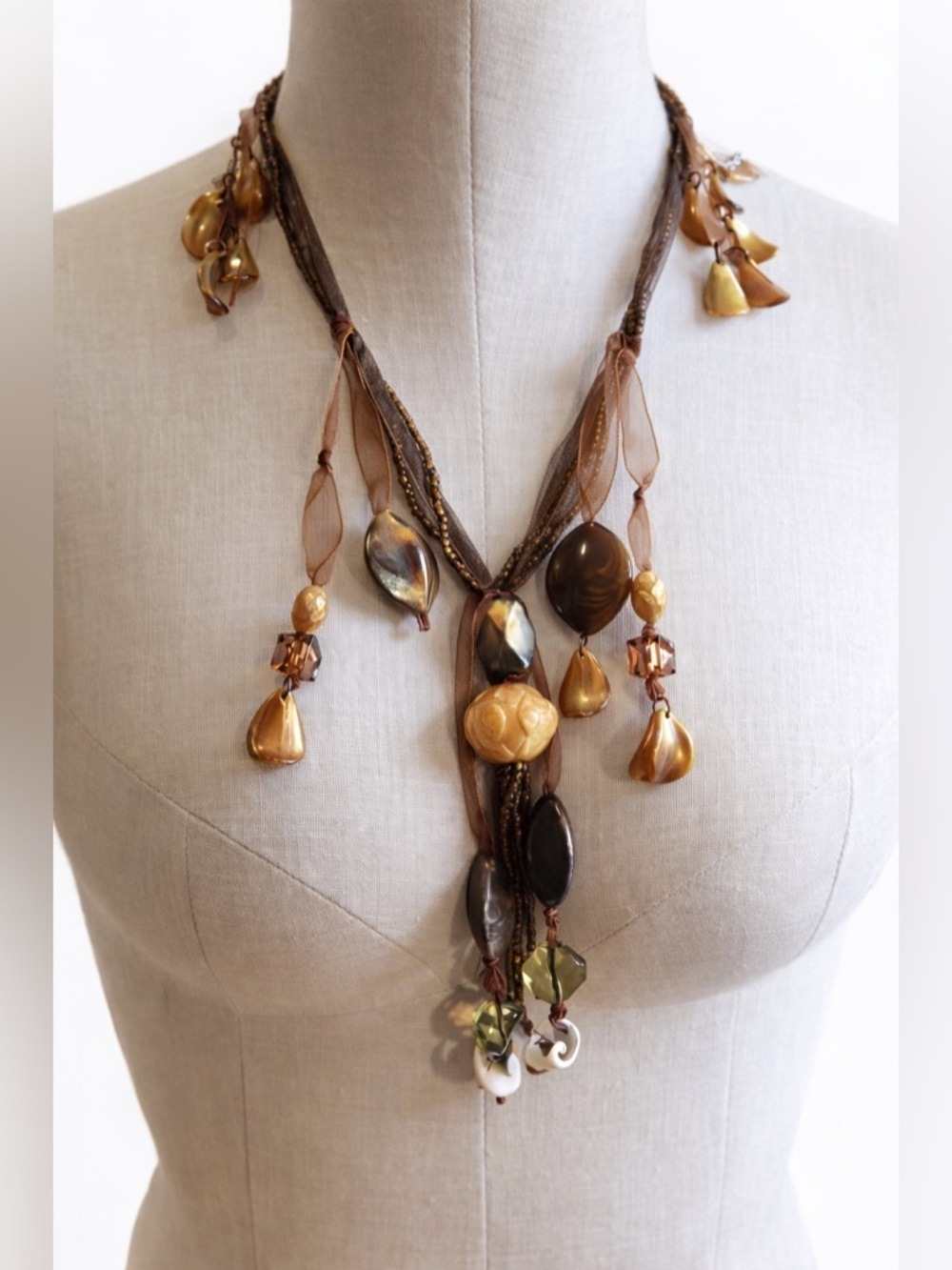 Artisan Boho Statement Necklace • Amber Glass, Organza Ribbon, Shell & Tassel